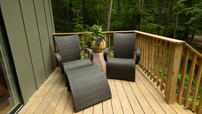 Honey House woodland cabin front porch