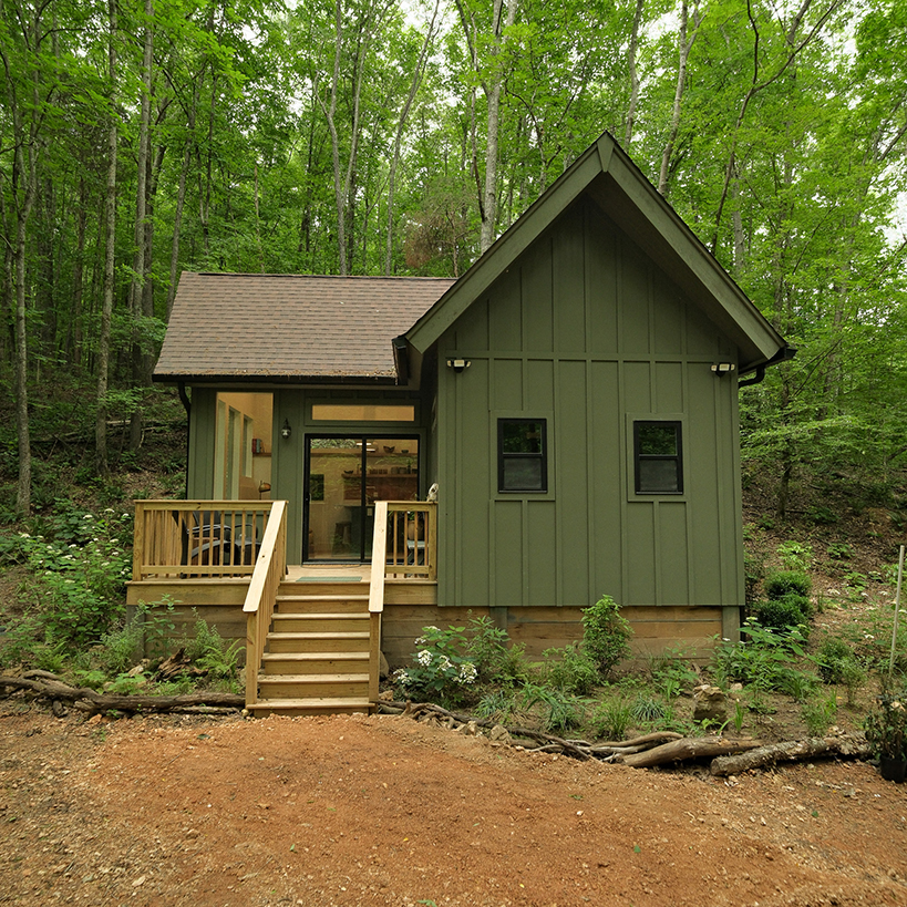 Rooted woodland cabin exterior
