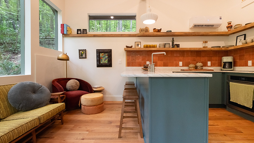 Rooted woodland cabin living area